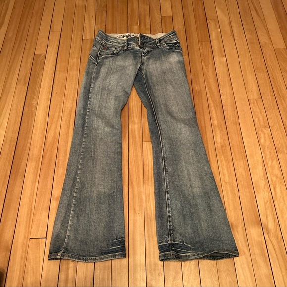 vtg Y2K Foxy Jeans Flaired Leg acid washed size 9 whiskers butons boho style - Picture 1 of 9